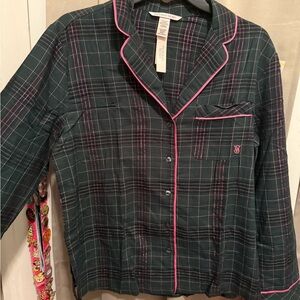 NWT Victoria's Secret Green Plaid Pajama Jacket with Pink Trim